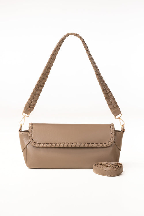 Beige Faux Leather Crossbody Baguette Bag with Braided Trim-Zavy Vibes