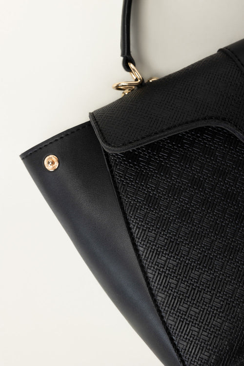 Black Structured Faux Leather Handbag with Detachable Strap-Zavy Vibes