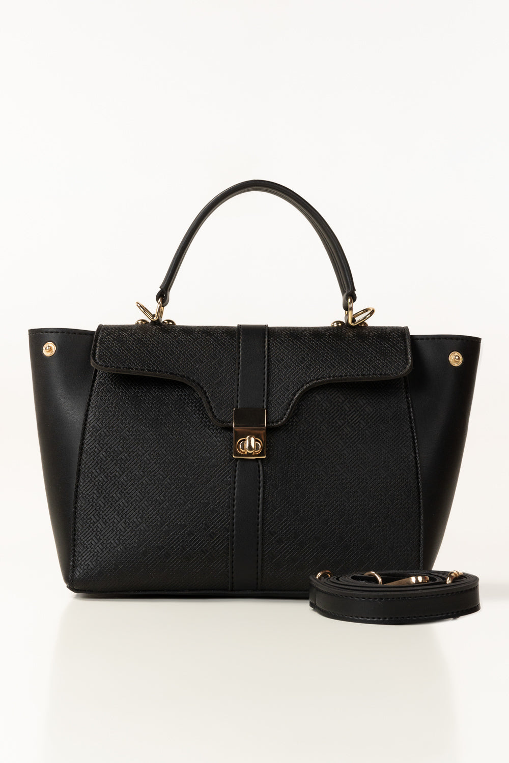 Black Structured Faux Leather Handbag with Detachable Strap-Zavy Vibes