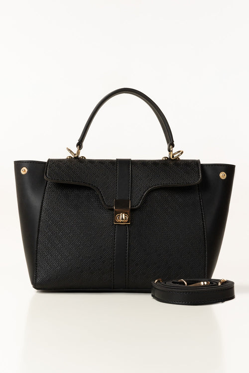 Black Structured Faux Leather Handbag with Detachable Strap-Zavy Vibes