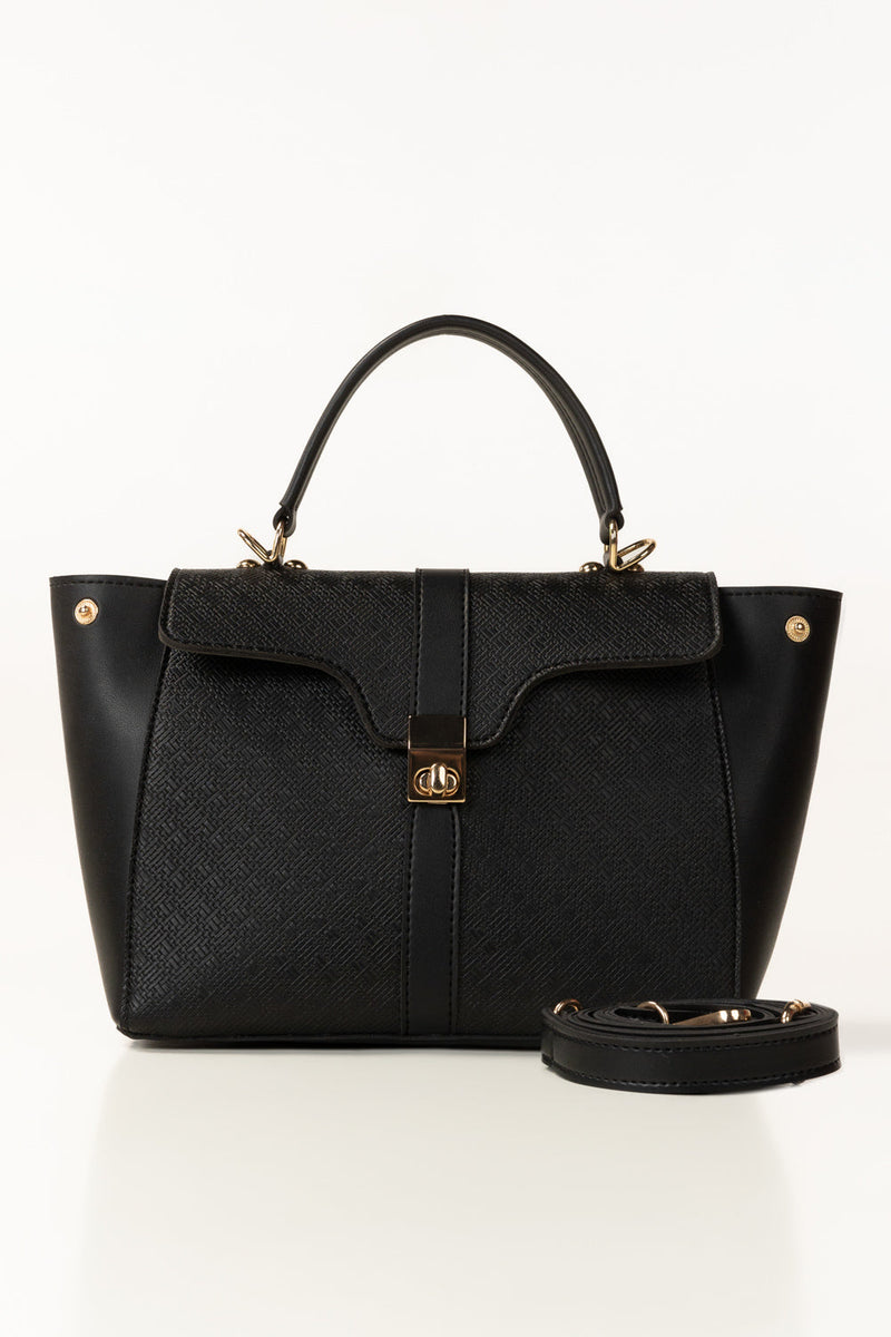 Black Structured Faux Leather Handbag with Detachable Strap-Zavy Vibes
