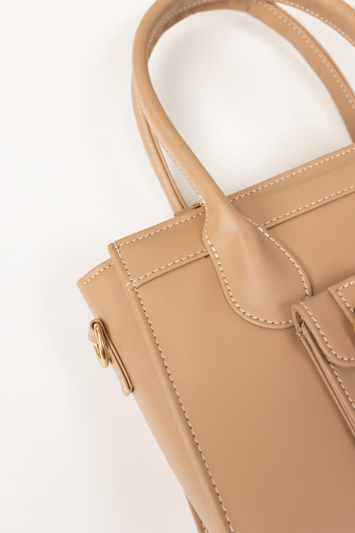 Dark Beige Structured Faux Leather Handbag with Top Handles-Zavy Vibes