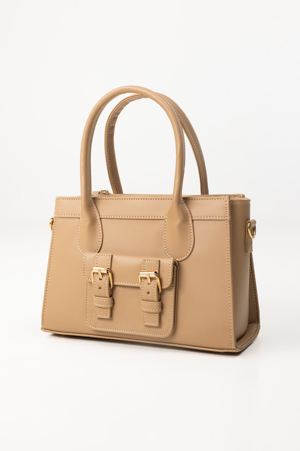 Dark Beige Structured Faux Leather Handbag with Top Handles-Zavy Vibes