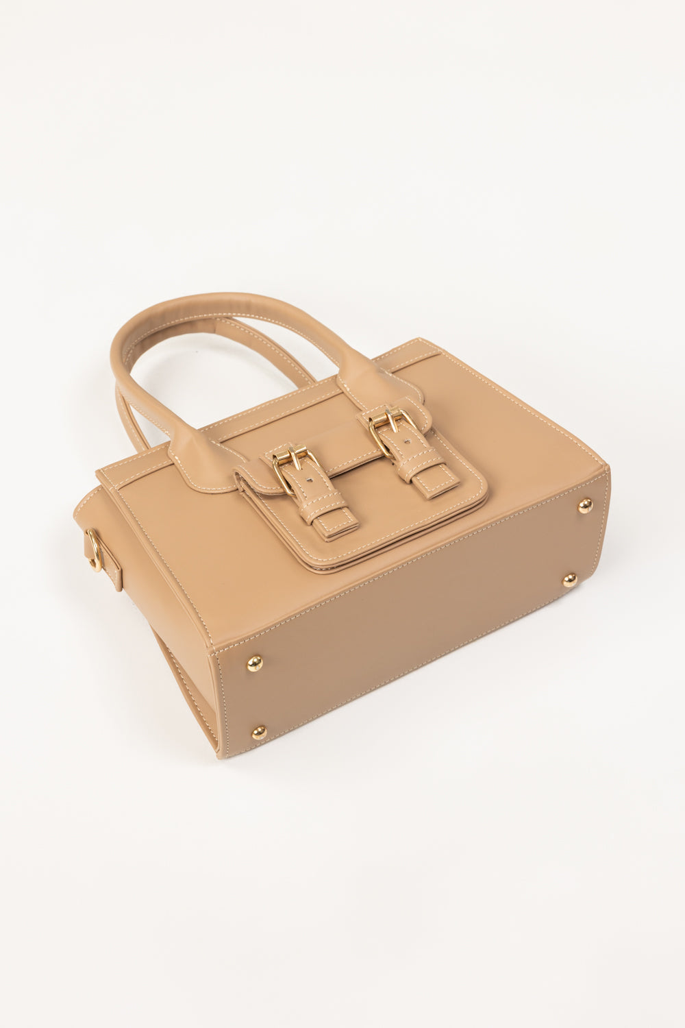 Dark Beige Structured Faux Leather Handbag with Top Handles-Zavy Vibes