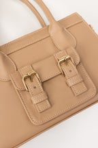 Dark Beige Structured Faux Leather Handbag with Top Handles-Zavy Vibes