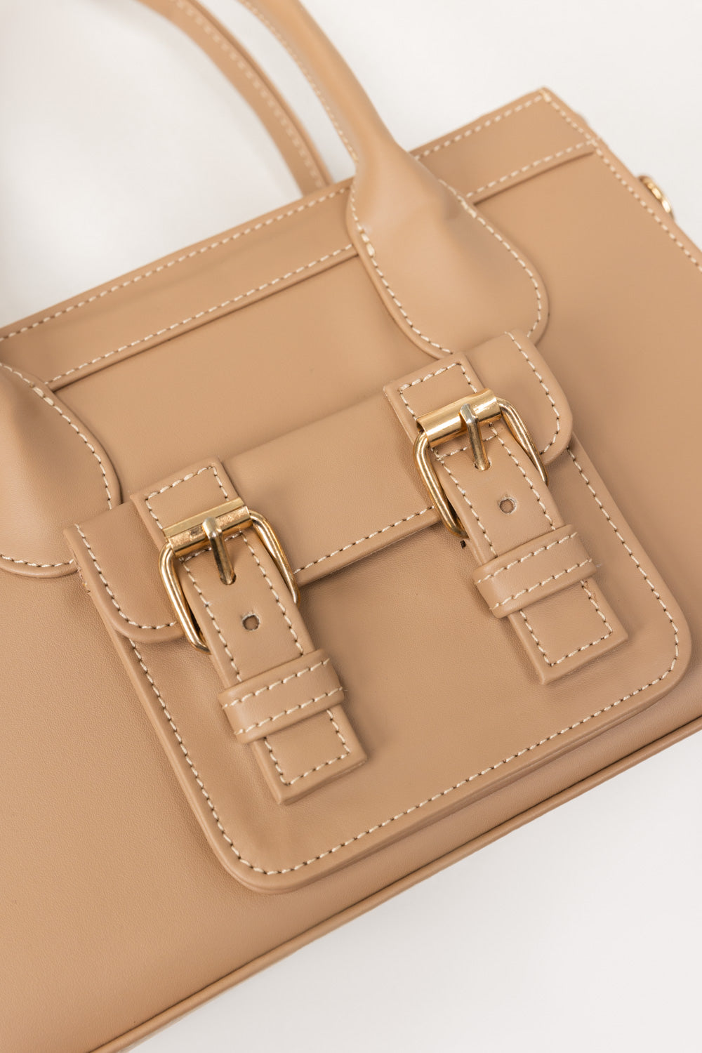 Dark Beige Structured Faux Leather Handbag with Top Handles-Zavy Vibes