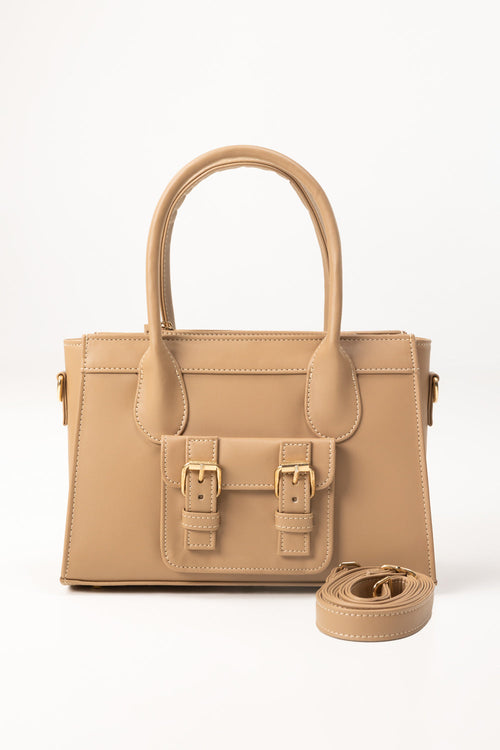Dark Beige Structured Faux Leather Handbag with Top Handles-Zavy Vibes
