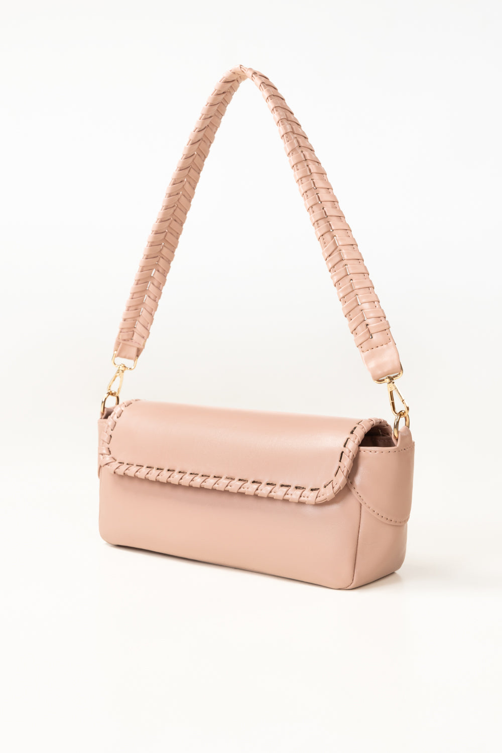 Pink Faux Leather Crossbody Baguette Bag with Woven Strap-Zavy Vibes