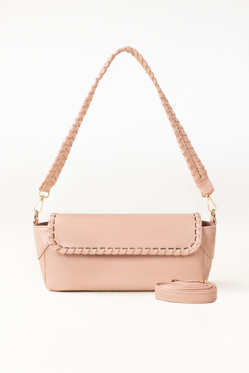 Pink Faux Leather Crossbody Baguette Bag with Woven Strap-Zavy Vibes