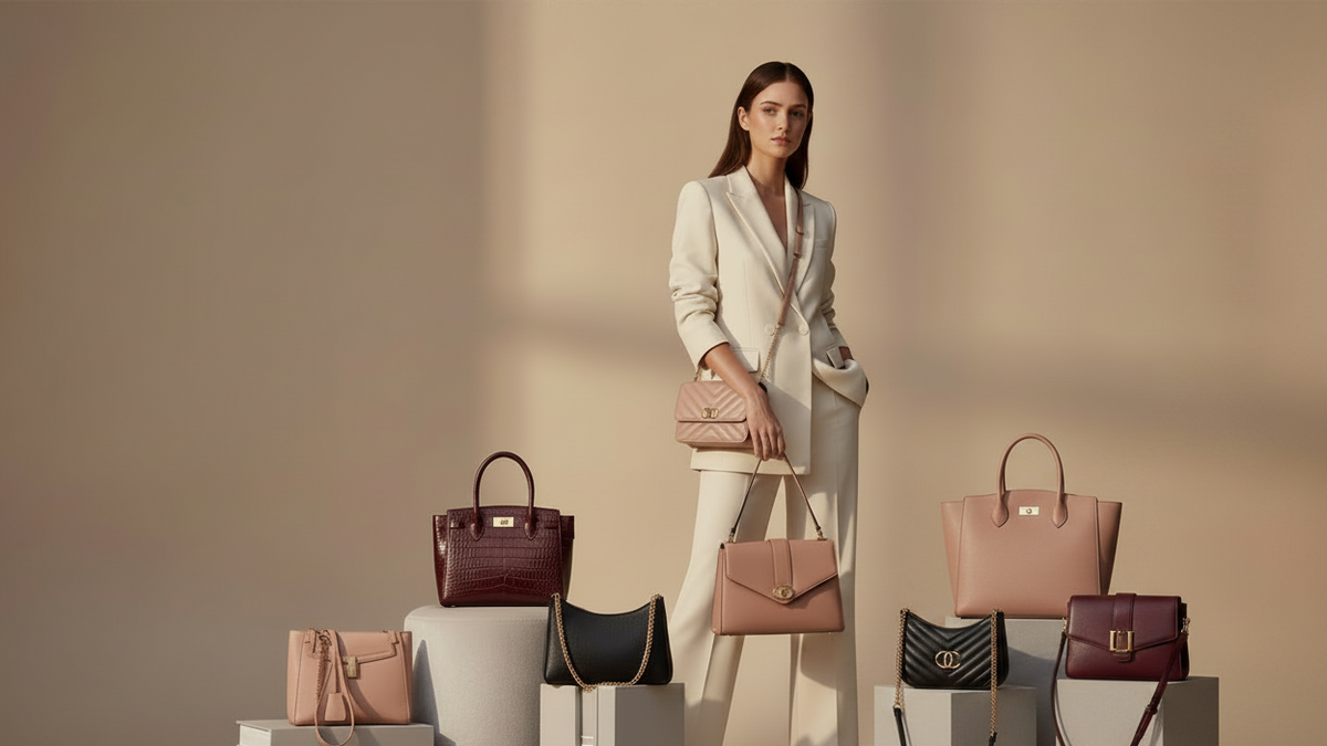 A fashion model in a cream blazer and trousers stands beside a styled arrangement of multiple handbags and small leather accessories in neutral and rich colors against a warm beige studio backdrop.